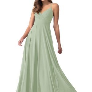 Bridesmaid dress from Azazie. Color is Agave. Chiffon fabric floor length dress